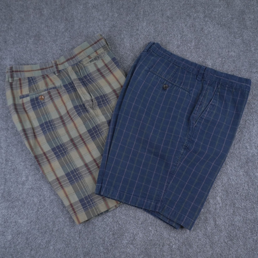 Banana Republic Shorts Mens 35 Bundle Plaid Green Navy Blue Linen‎ Cotton Chino